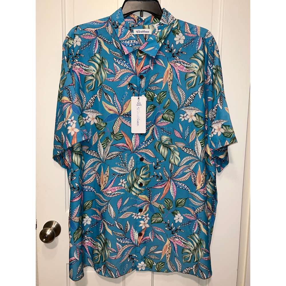NEW Caribbean Roundtree & Yorke Mens 3XB Aqua Blue Tropical Floral Modal Shirt